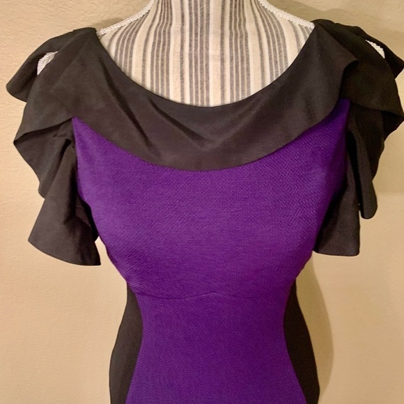NWT Bodycon Dress Small Fashionomics Purple Black Color Block Ruffled Color Slvs - Picture 4 of 15